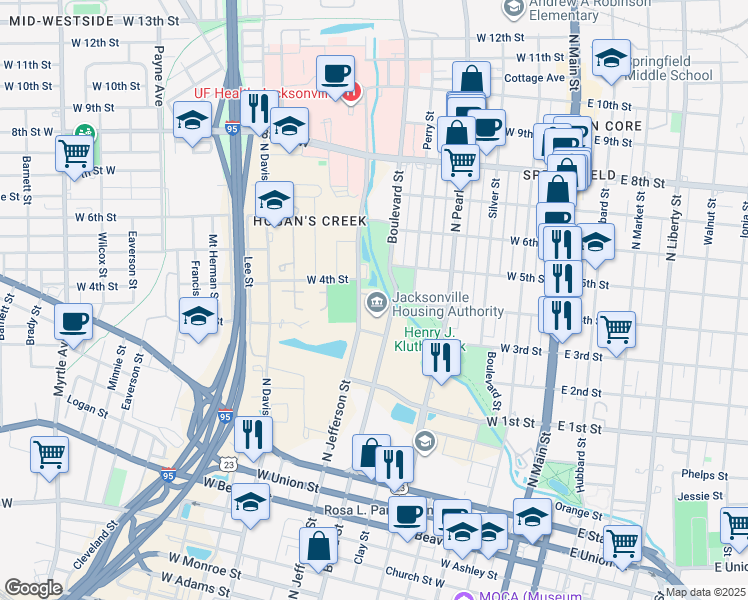 map of restaurants, bars, coffee shops, grocery stores, and more near 1320 Broad Street in Jacksonville