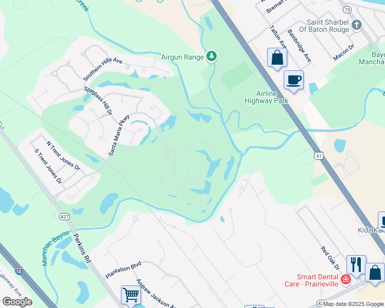 map of restaurants, bars, coffee shops, grocery stores, and more near 19332 Pebble Beach Drive in Baton Rouge