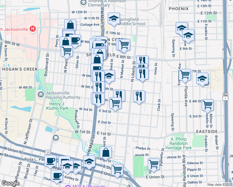 map of restaurants, bars, coffee shops, grocery stores, and more near 115 East 4th Street in Jacksonville