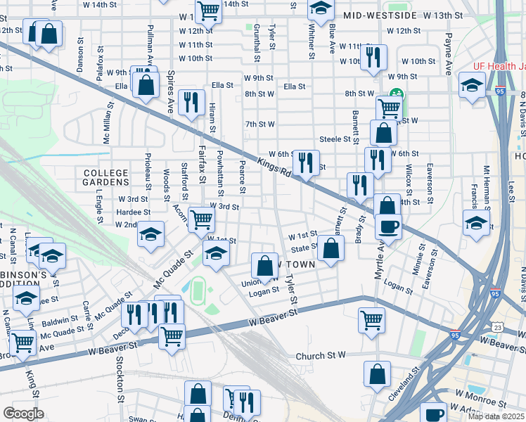 map of restaurants, bars, coffee shops, grocery stores, and more near 1625 West 2nd Street in Jacksonville
