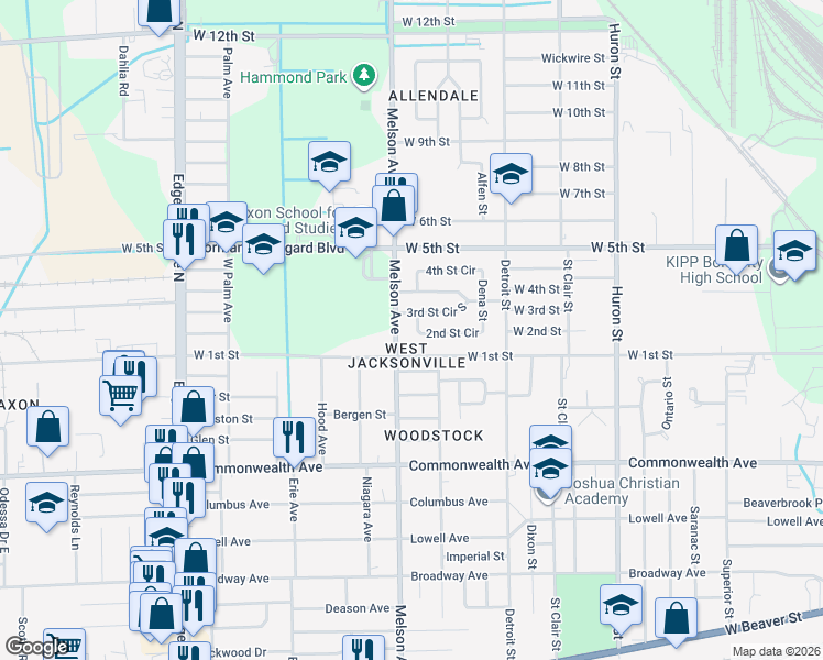 map of restaurants, bars, coffee shops, grocery stores, and more near 3117 West 1st Street in Jacksonville