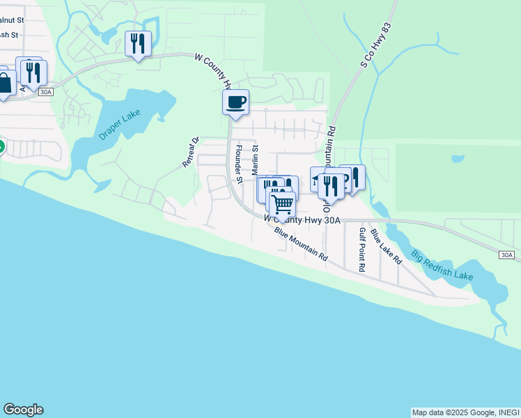 map of restaurants, bars, coffee shops, grocery stores, and more near 2381 West County Highway 30A in Santa Rosa Beach