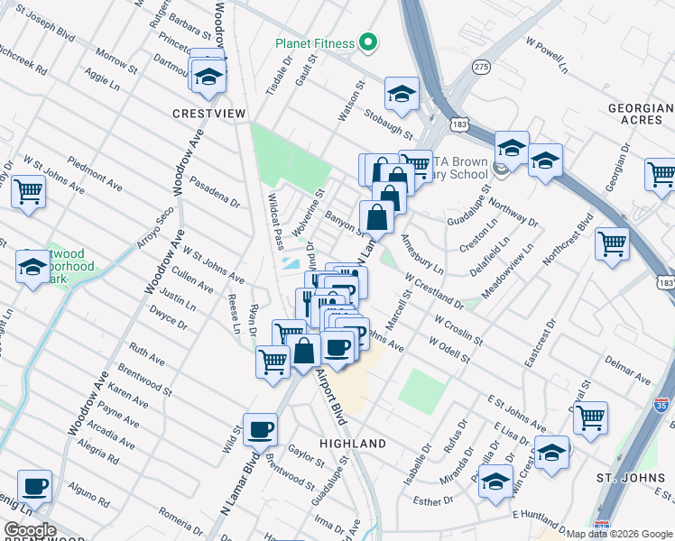 map of restaurants, bars, coffee shops, grocery stores, and more near 7301 North Lamar Boulevard in Austin