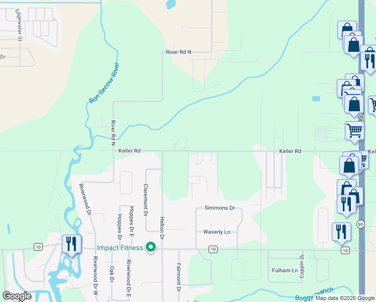 map of restaurants, bars, coffee shops, grocery stores, and more near 19121 Keller Road in Foley