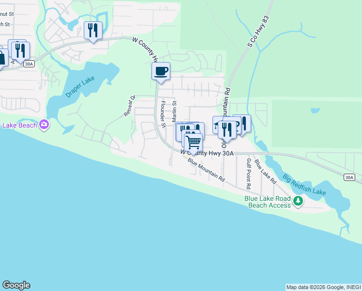 map of restaurants, bars, coffee shops, grocery stores, and more near 2381 West County Highway 30A in Santa Rosa Beach