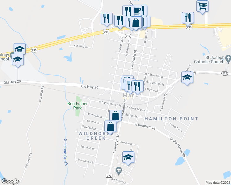 map of restaurants, bars, coffee shops, grocery stores, and more near 204 Old Highway 20 in Manor