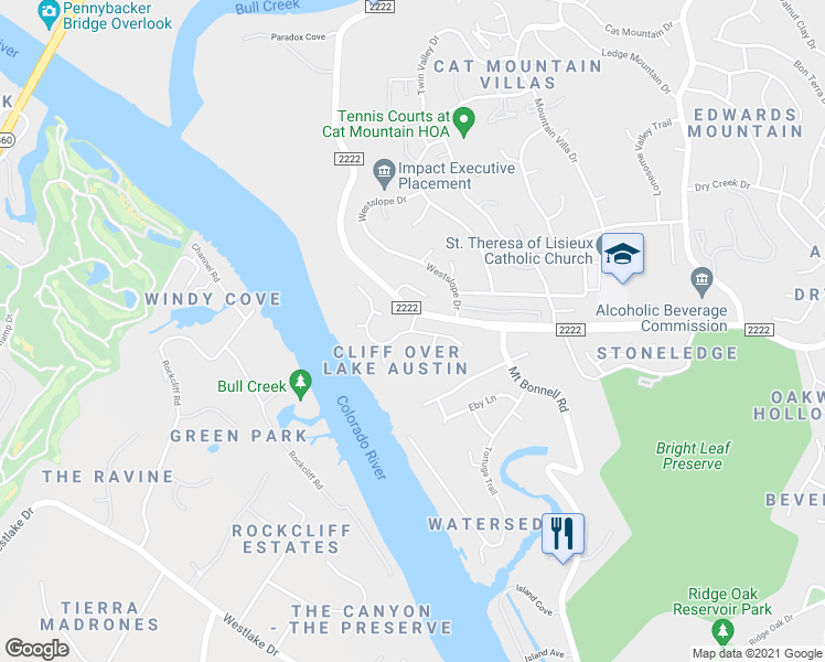 map of restaurants, bars, coffee shops, grocery stores, and more near 4714 Palisade Drive in Austin