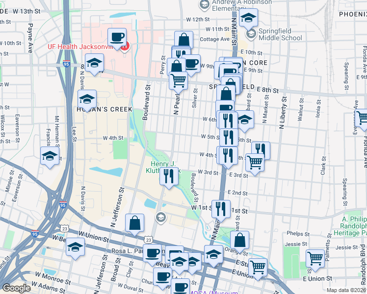 map of restaurants, bars, coffee shops, grocery stores, and more near 234 West 4th Street in Jacksonville