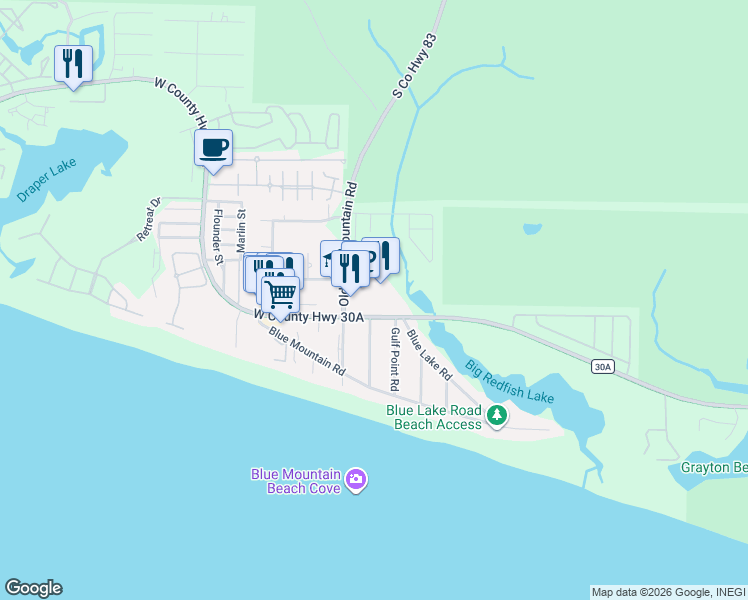 map of restaurants, bars, coffee shops, grocery stores, and more near 2046 County Road 30A in Santa Rosa Beach