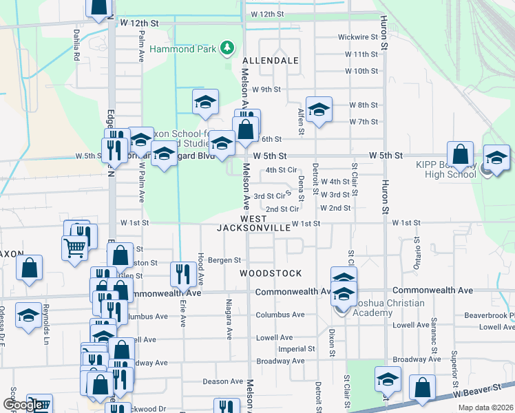 map of restaurants, bars, coffee shops, grocery stores, and more near 3117 West 1st Street in Jacksonville