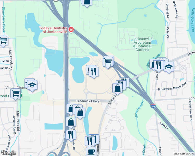 map of restaurants, bars, coffee shops, grocery stores, and more near 9886 Lantern Street in Jacksonville