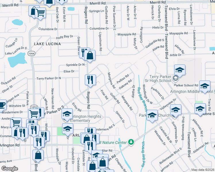 map of restaurants, bars, coffee shops, grocery stores, and more near 1646 Griflet Road in Jacksonville