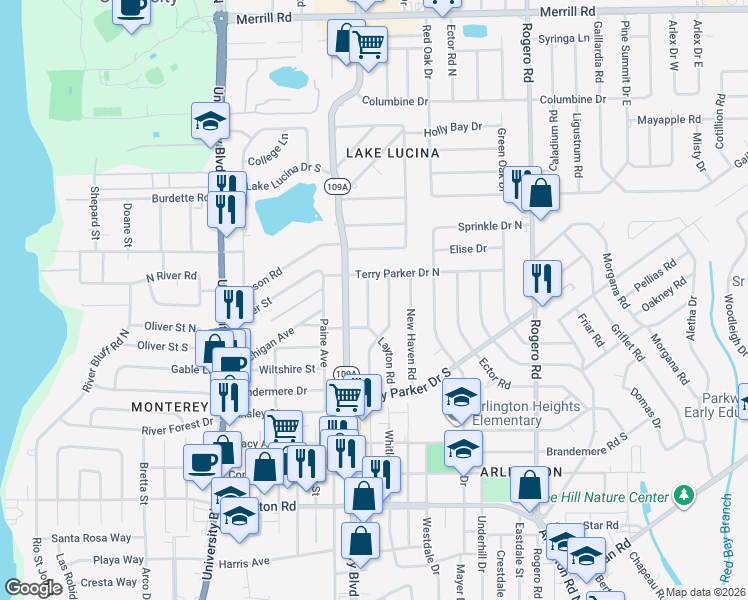 map of restaurants, bars, coffee shops, grocery stores, and more near 1904 Shelton Road in Jacksonville
