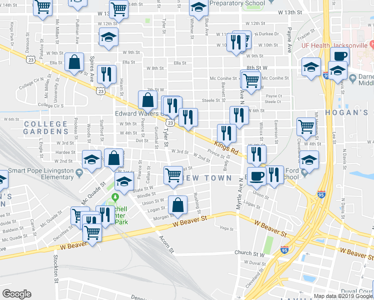 map of restaurants, bars, coffee shops, grocery stores, and more near 1527 West 2nd Street in Jacksonville