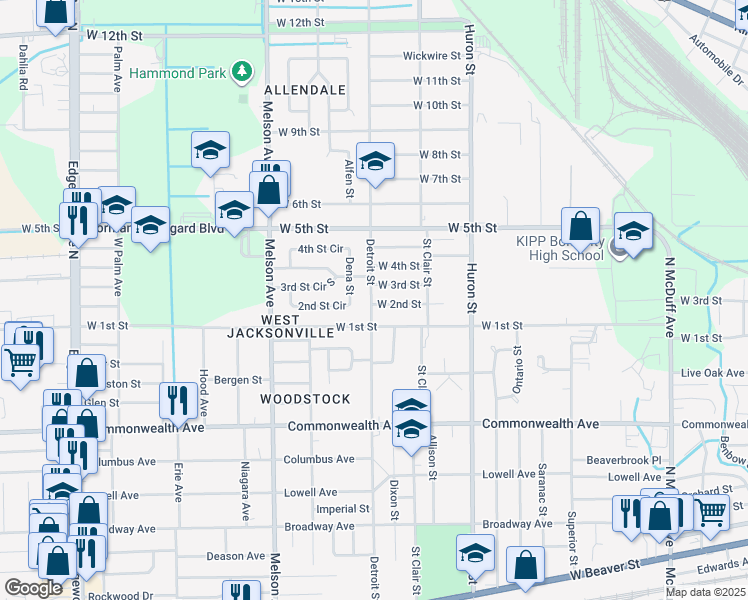 map of restaurants, bars, coffee shops, grocery stores, and more near 3003 West 1st Street in Jacksonville