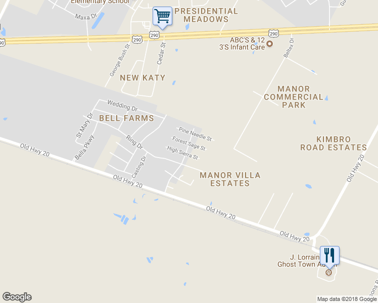 map of restaurants, bars, coffee shops, grocery stores, and more near 13300 High Sierra Street in Manor