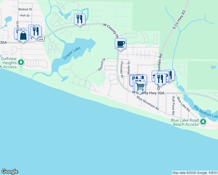 map of restaurants, bars, coffee shops, grocery stores, and more near 193 White Cliffs Boulevard in Santa Rosa Beach
