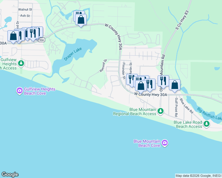 map of restaurants, bars, coffee shops, grocery stores, and more near 193 White Cliffs Boulevard in Santa Rosa Beach