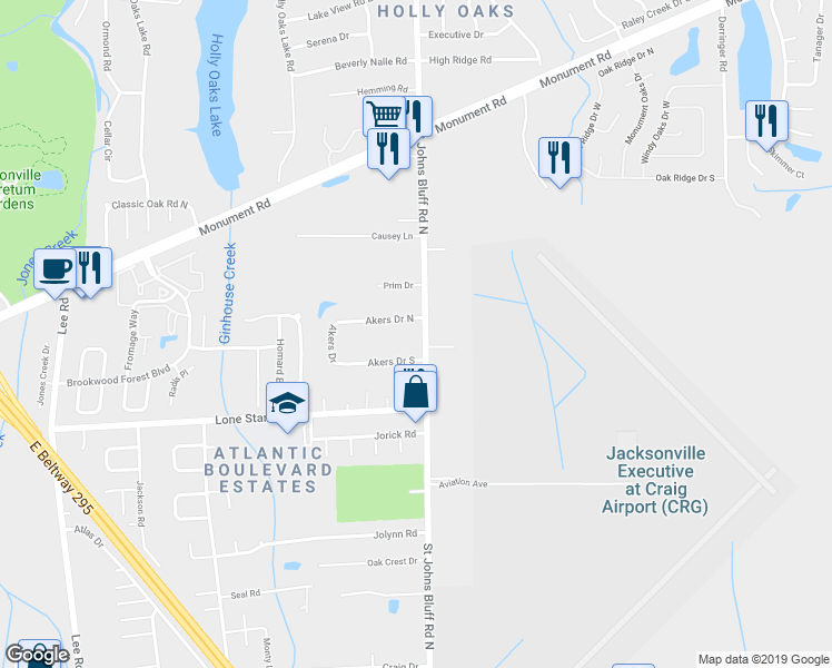 map of restaurants, bars, coffee shops, grocery stores, and more near 1152 Saint Johns Bluff Road North in Jacksonville
