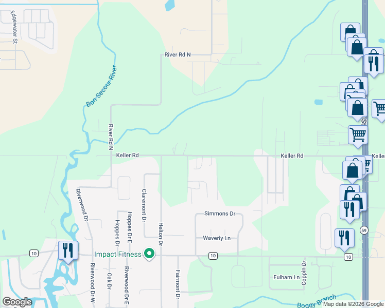 map of restaurants, bars, coffee shops, grocery stores, and more near 19130 Keller Road in Foley