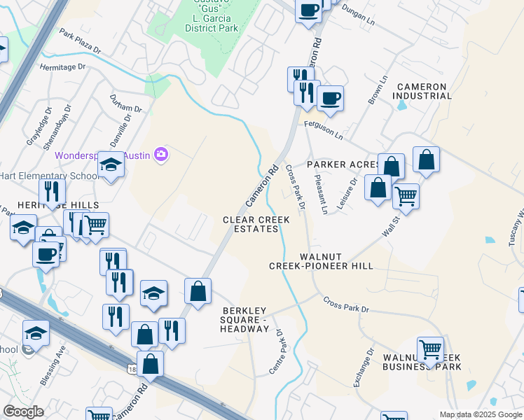 map of restaurants, bars, coffee shops, grocery stores, and more near 8501 Cameron Road in Austin