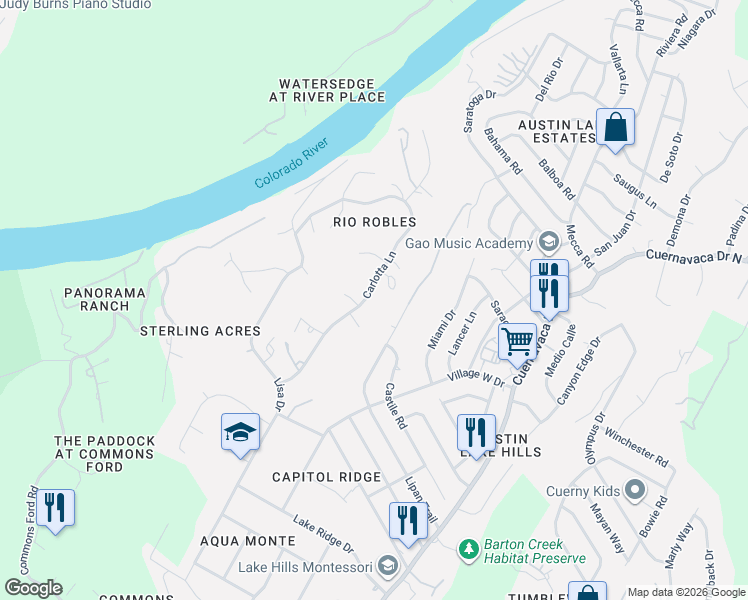 map of restaurants, bars, coffee shops, grocery stores, and more near 1503 Carlotta Lane in Austin