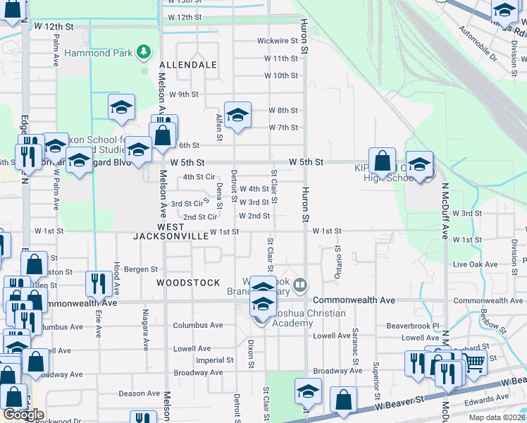 map of restaurants, bars, coffee shops, grocery stores, and more near 2919 West 2nd Street in Jacksonville