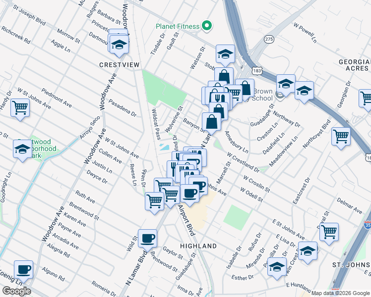 map of restaurants, bars, coffee shops, grocery stores, and more near 801 Sugaree Avenue in Austin