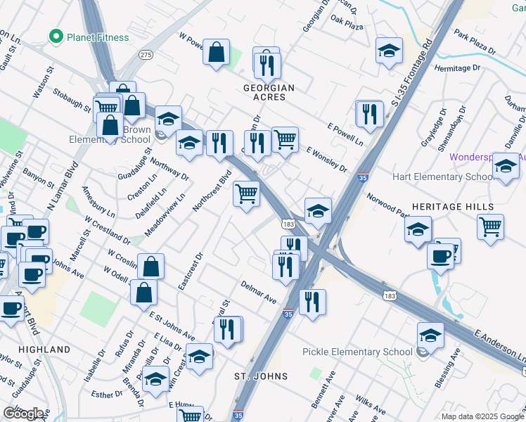 map of restaurants, bars, coffee shops, grocery stores, and more near 7700 Chevy Chase Drive in Austin