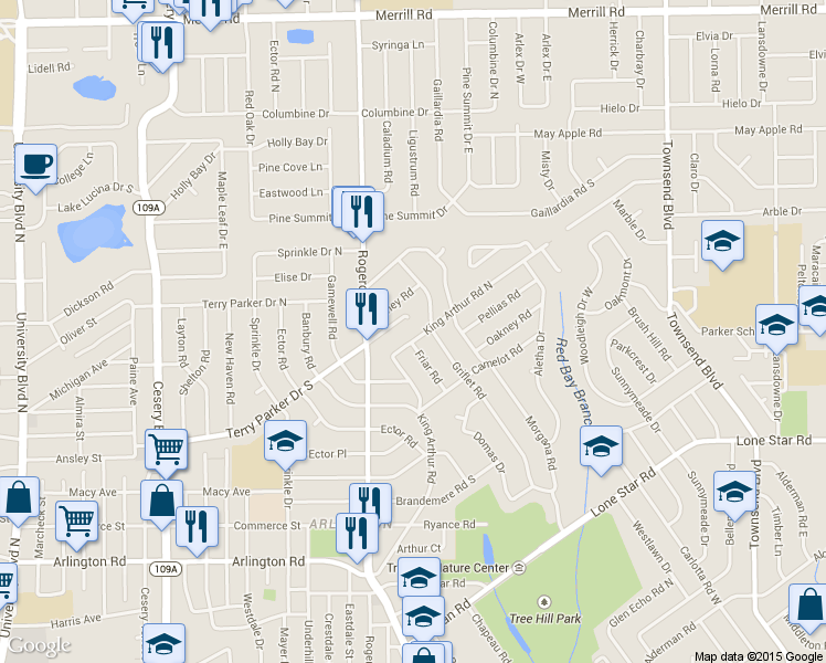 map of restaurants, bars, coffee shops, grocery stores, and more near 6835 King Arthur Road North in Jacksonville