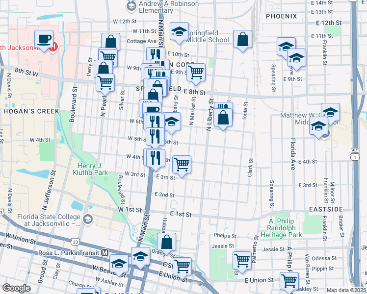 map of restaurants, bars, coffee shops, grocery stores, and more near 1507 Hubbard Street in Jacksonville