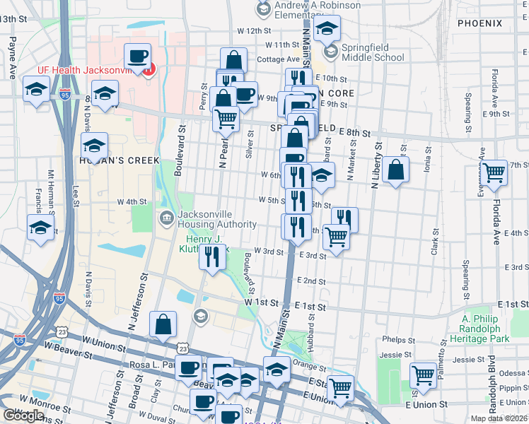 map of restaurants, bars, coffee shops, grocery stores, and more near 143 West 5th Street in Jacksonville