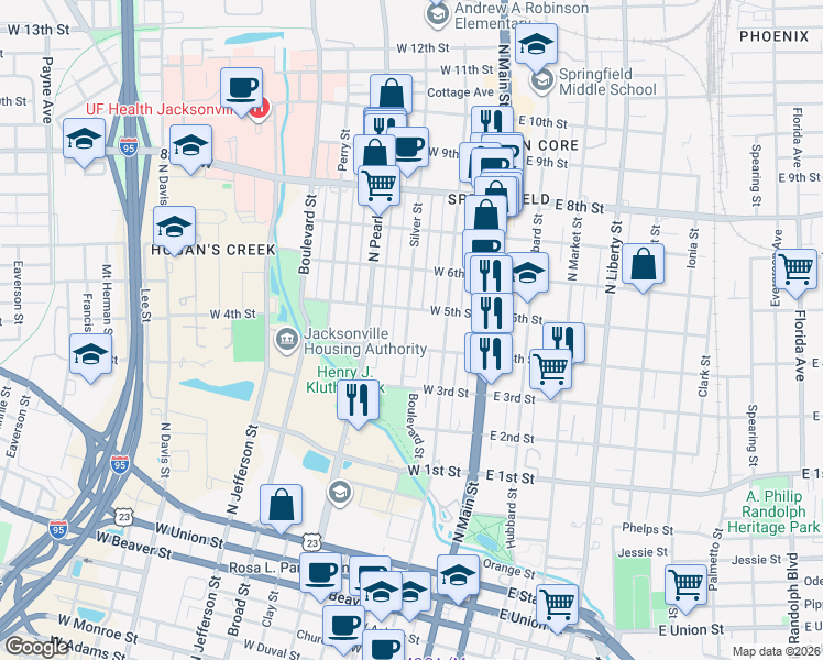 map of restaurants, bars, coffee shops, grocery stores, and more near 143 West 5th Street in Jacksonville