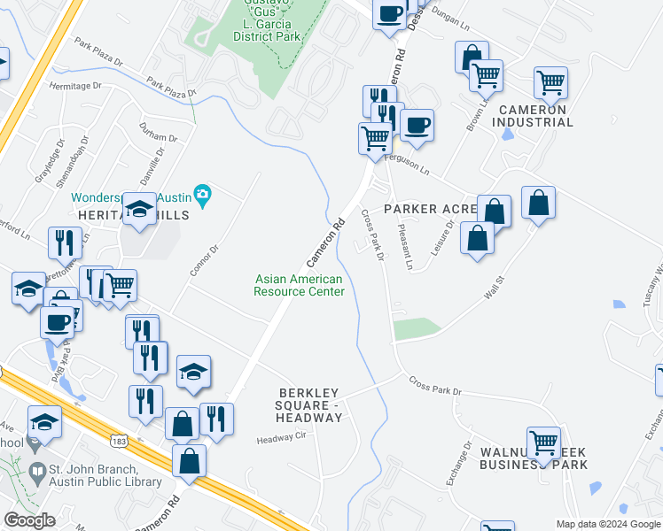 map of restaurants, bars, coffee shops, grocery stores, and more near 8501 Cameron Road in Austin