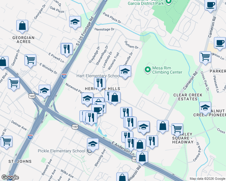 map of restaurants, bars, coffee shops, grocery stores, and more near 8203 Furness Cove in Austin
