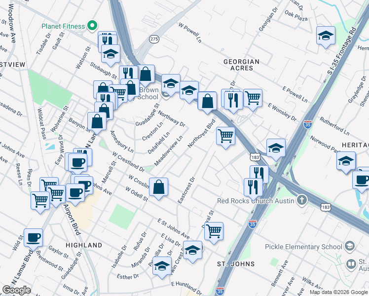 map of restaurants, bars, coffee shops, grocery stores, and more near 7703 Meadowview Lane in Austin