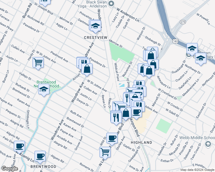 map of restaurants, bars, coffee shops, grocery stores, and more near 7203 Grover Avenue in Austin
