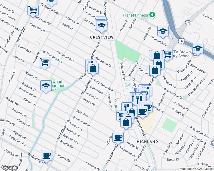 map of restaurants, bars, coffee shops, grocery stores, and more near 1215 Piedmont Avenue in Austin