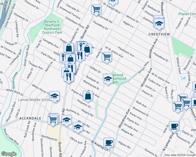 map of restaurants, bars, coffee shops, grocery stores, and more near 1902 Redlands Street in Austin