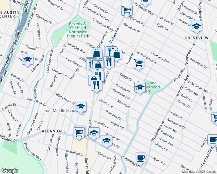 map of restaurants, bars, coffee shops, grocery stores, and more near 6615 Burnet Lane in Austin