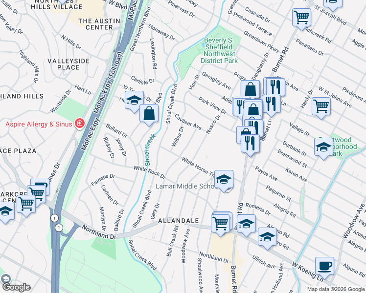 map of restaurants, bars, coffee shops, grocery stores, and more near 6403 Wilbur Drive in Austin