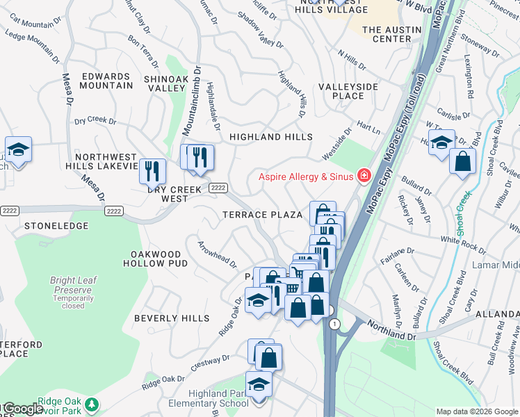 map of restaurants, bars, coffee shops, grocery stores, and more near 5811 Highland Hills Drive in Austin