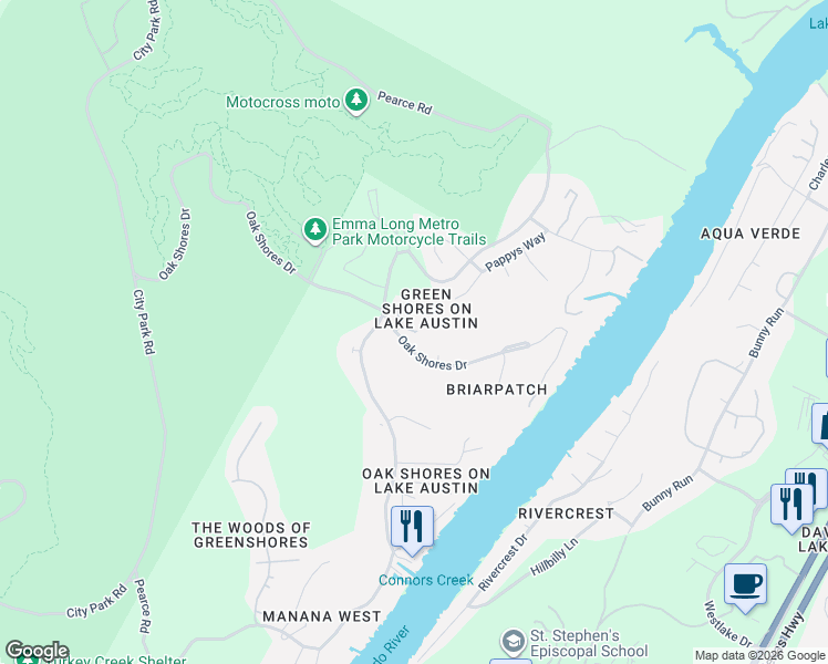 map of restaurants, bars, coffee shops, grocery stores, and more near 7416 Oak Shores Drive in Austin