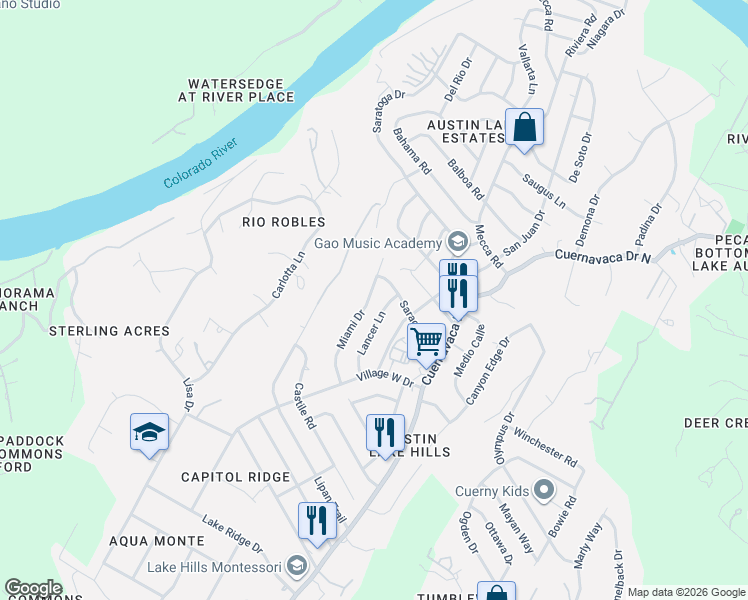 map of restaurants, bars, coffee shops, grocery stores, and more near 1704 Miami Drive in Austin