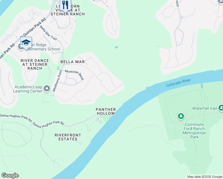 map of restaurants, bars, coffee shops, grocery stores, and more near 116 Piedmont Hills Pass in Austin