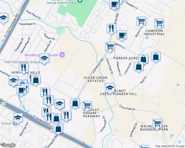 map of restaurants, bars, coffee shops, grocery stores, and more near 8501 Cameron Road in Austin