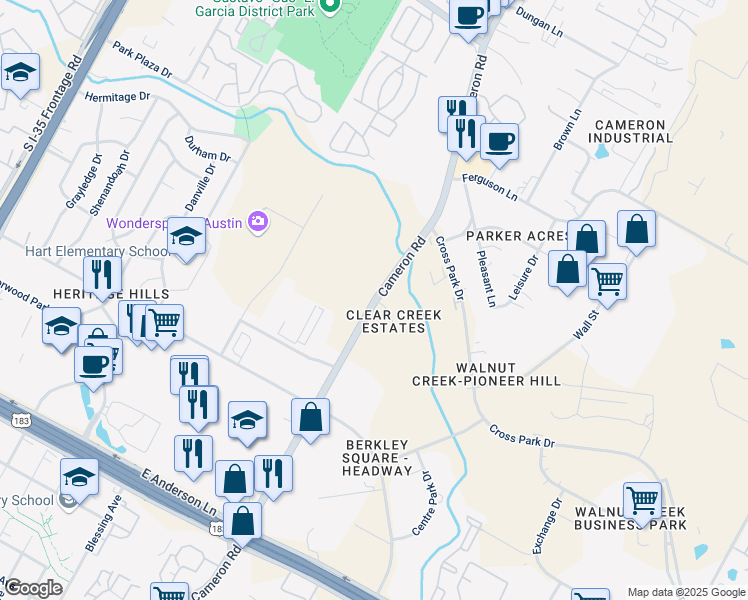 map of restaurants, bars, coffee shops, grocery stores, and more near Cameron Road in Austin
