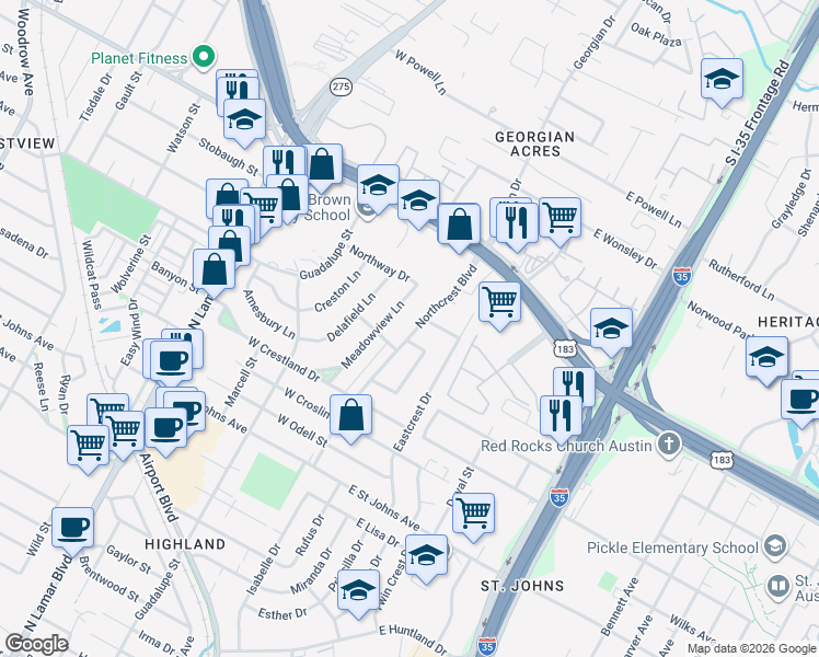 map of restaurants, bars, coffee shops, grocery stores, and more near 7703 Meadowview Lane in Austin