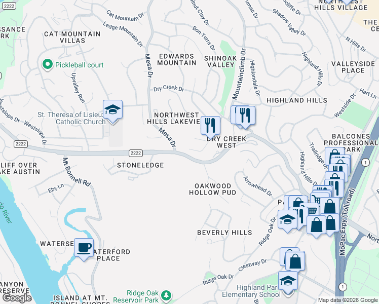 map of restaurants, bars, coffee shops, grocery stores, and more near 3909 Berryhill Way in Austin