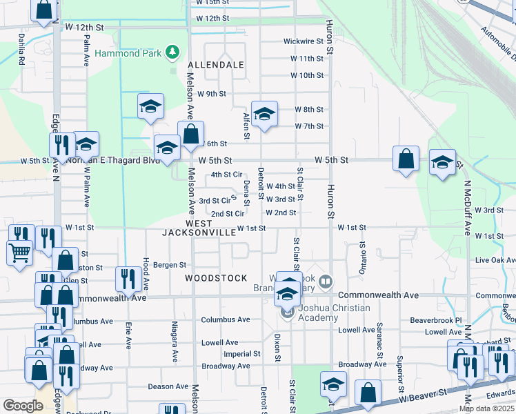 map of restaurants, bars, coffee shops, grocery stores, and more near 1144 Detroit Street in Jacksonville